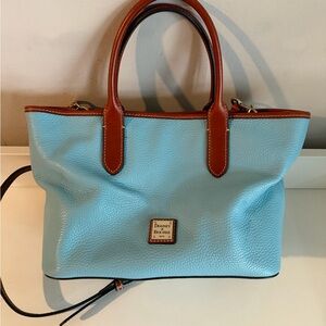 Dooney & Bourke Pebbled Leather Tote Bag Blue Brown Trim Crossbody Handbag